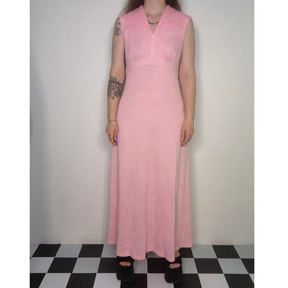 60s 70s Vtg Boho Mod Light Pink Long Maxi Empire Waist Wing Collared Dress Sz Md - Picture 5 of 8